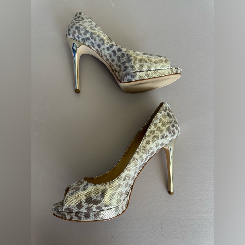 Ivanka Trump Maggie Gold Leopard Peep Toe Heels Stiletto Metallic